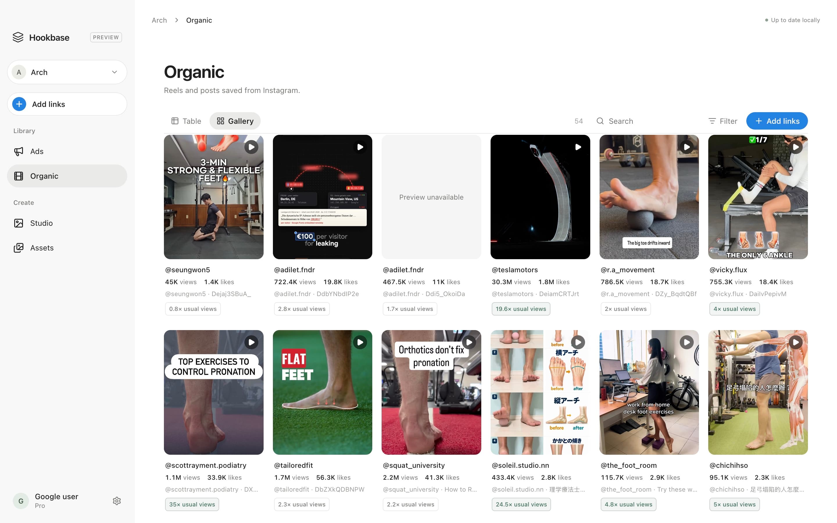The Hookbase app showing saved Instagram Reels in a gallery, each with its views, likes and how it compares with the creator’s usual views.